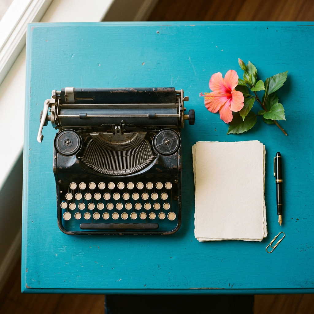 Image générée : un bureau bleu turquoise avec une machine à écrire, des feuilles vierges, un stylo et une fleur d’hibiscus.