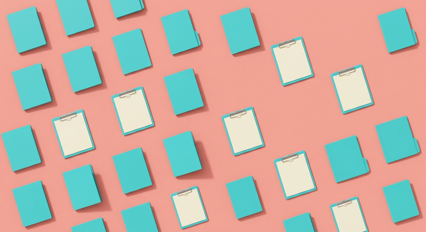Image générée : des dossiers et des planchettes vierges, disposés en motif sur un fond rose corail.