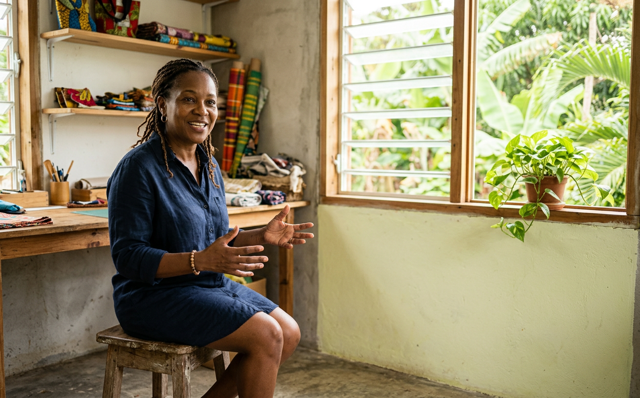 Image générée : la dirigeante d’une petite entreprise de Guadeloupe, assise sur un tabouret dans son atelier, explique en gesticulant.